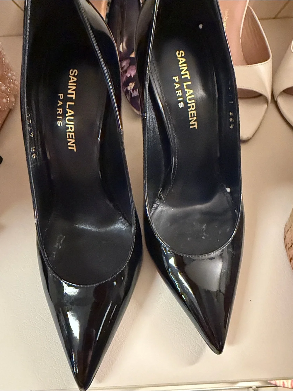 Saint Laurent Black Patent Pumps with Gold YSL Logo Heel - Picture 6 of 8